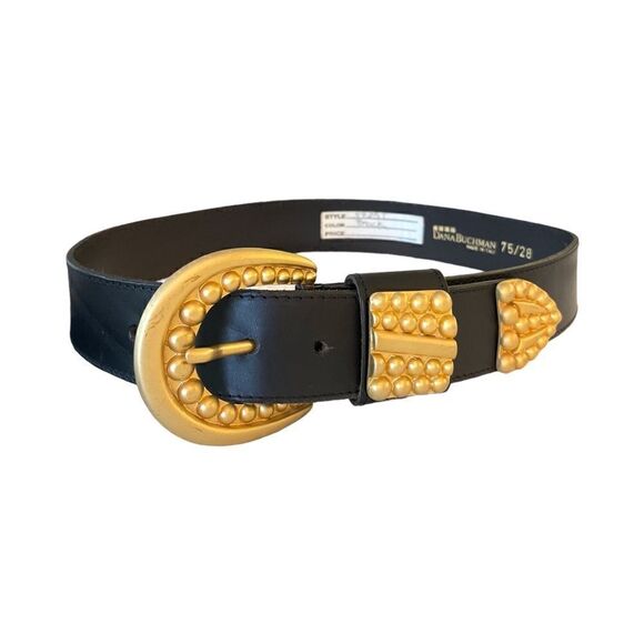 DANA BUCHMAN Made in Italy Black Leather Belt with Brushed Gold Buckle - Picture 1 of 5